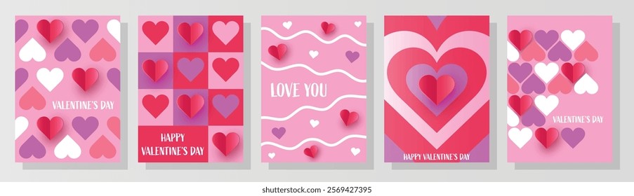 Valentine’s Day greeting card set with paper cut heart. Abstract design. Vector illustration