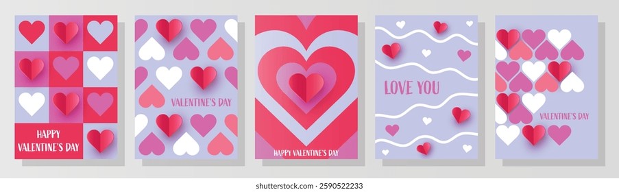 Valentine’s Day greeting card set with paper cut heart. Abstract design. Vector illustration