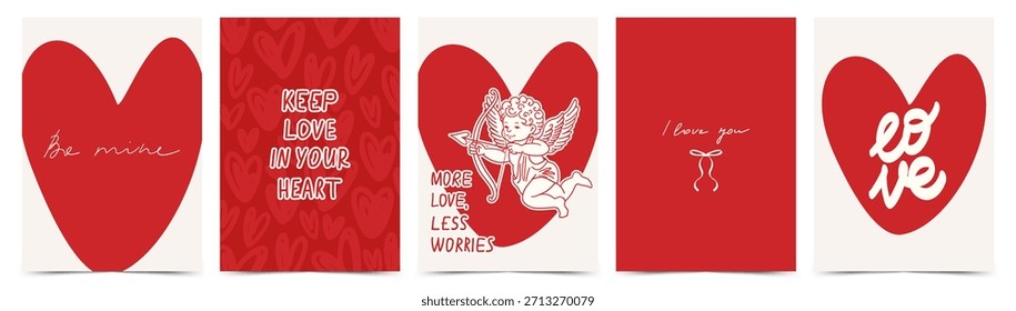 Tarjeta de felicitación de San Valentín con corazones rojos, Cupido, frases de amor escritas a mano y gráficos románticos modernos. Plantilla romántica para la celebración, cartel, invitación, Anuncio, anuncios, marca, cubierta, etiqueta