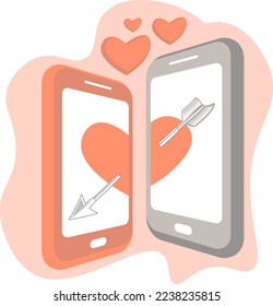 Valentine’s day greeting card with two phones and heart pierced by arrow 