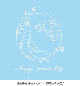 Women’s Day greeting card. Woman looking at the sun. Hand drawn vector illustration