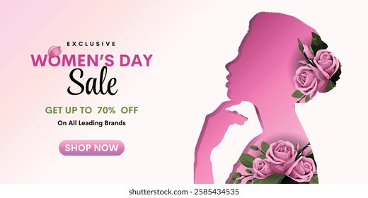 Women’s  day greeting card. Woman silhouette with pink paper hearts. Vector festive women’s  postcard. Symbol of love mum and child on white background. And for women’s day, 8th march sale.