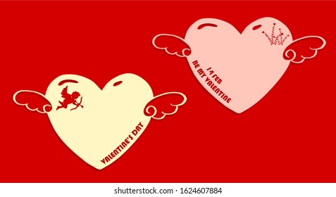 Valentine’s day greeting card/14 February/Be my Valentines heart wings shaped paper and cupid,heart plant with text is a stencil paper design.