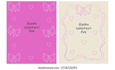 Сute Valentine’s Day greeting cards set with doodle bow frame. Hand drawn crayon poster. Cartoon isolated vector illustration