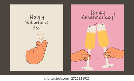 Сute Valentine’s Day greeting cards set with doodle hands holding glasses and finger heart. Hand drawn poster. Cartoon isolated vector illustration