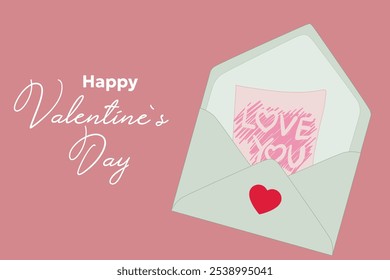 Saludo de San Valentín con sobre y nota de amor leyendo te amo sobre fondo rosa con corazón rojo. Tarjeta de San Valentín mínima. Carta de amor romántica