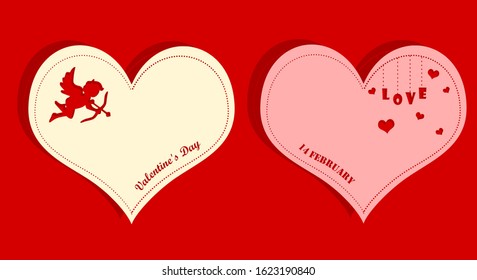 Valentine’s day greeting postcard/14 February heart shaped paper with cupid, mini hearts and hang love text is a stencil paper design.