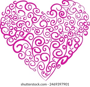 Valentine’s Day gritting card with folk art isolated illustration pink heart and spiral pattern drawing in handwriting style 