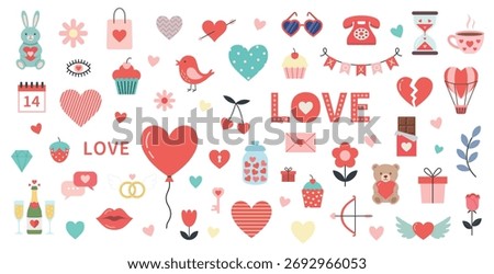 Valentine’s Day hand drawn elements. Perfect for scrapbooking, greeting card, party invitation, gift tags and stickers. Vector illustration.