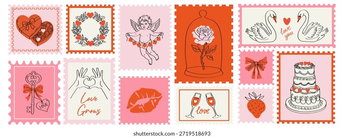 Sellos de correos dibujados a mano del día de San Valentín en estilo lindo del bosquejo del doodle. Elementos postales románticos para invitaciones de boda, postales, carteles y diseños de scrapbook. Me encantan las Ilustraciones vectoriales temáticas.