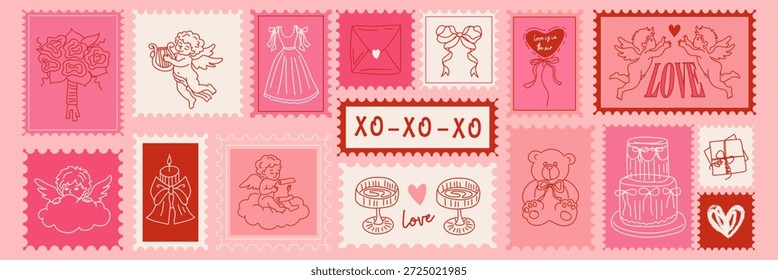 Dia dos Namorados desenhado à mão selos de postagem em estilo de esboço bonito doodle. Elementos postais românticos para convites de casamento, cartões postais, cartazes e desenhos de scrapbook. Ilustrações vetoriais com temas de amor