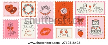 Valentine’s Day hand drawn postage stamps in cute doodle sketch style. Romantic postal elements for wedding invitations, postcards, posters and scrapbook designs. Love themed vector illustrations.