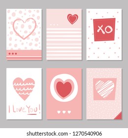Valentine’s day hand drawn red and white dotted and striped hearts greeting cards collection with I love you typography