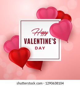 Valentine’s Day hand drawn typography with 3D hearts. Valentines Day background with square and heart shaped balloons. Holiday greeting card, poster, banner, logo, sales, promo. Vector Illustration.