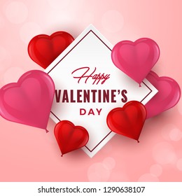 Valentine’s Day hand drawn typography with 3D hearts. Valentines Day background with rhombus and heart shaped balloons. Holiday greeting card, poster, banner, logo, sales, promo. Vector Illustration