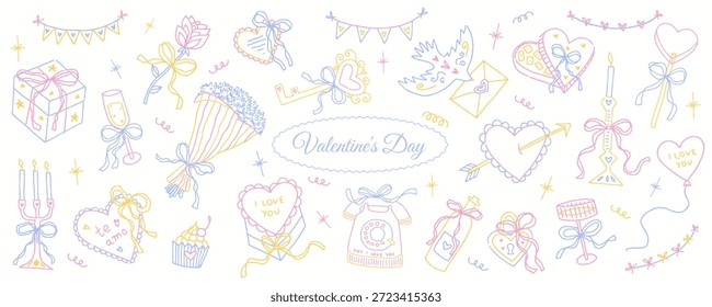 Dia dos Namorados mão desenhado vetor conjunto com corações, presentes, arcos, flores, e símbolos de amor em cores pastel. Perfeito para cartões, adesivos e desenhos festivos.