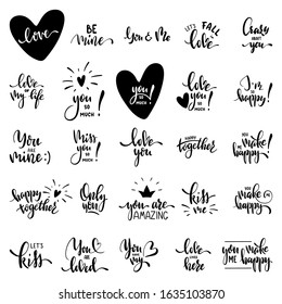 Valentine’s day hand lettering set. I love you, happy together, kiss me, you are amazing and other phrases about romantic feelings. Decorative graphic elements for greeting cards, stickers, tags