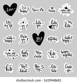 Valentine’s day hand lettering sticker set. I love you, happy together, kiss me, you are amazing and other phrases about romantic feelings. Decorative graphic elements for greeting cards, tags