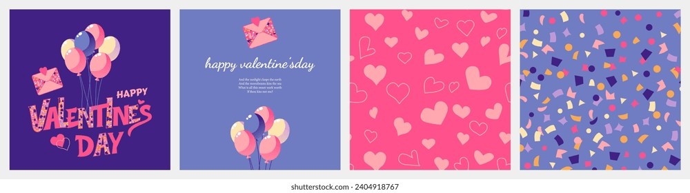 Valentine’s Day handwritten calligraphy designs, balloons, hearts, envelopes, and seamless patterns of hearts and colorful confetti make up a set of greeting cards