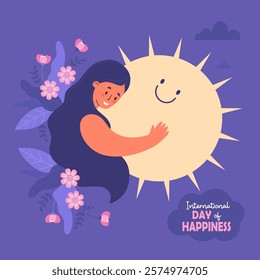 Day of Happiness card. Happy woman with long hair with joyful sun and bouquets of flowers. International holiday is celebrated annually on March 20. Vector illustration in flat style