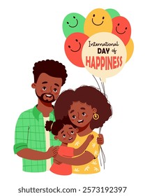 Day of Happiness. Happy African American family. Happy woman, man and daughter with balloons. International holiday is celebrated annually on March 20. Vector illustration in flat style