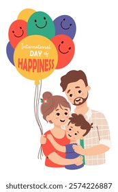 Day of Happiness. Happy family. Joyful woman, man and son with balloons. International holiday is celebrated annually on March 20. Vector illustration in flat style