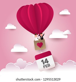 Valentine’s day happy couple wedding in the air balloon in the sky with calendar icon, love season, flat vector illustration.

