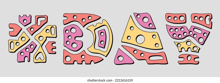 DAY Hashtag. Doodle isolate text. Colored curves decorative doodle letters. Trendy popular Hashtag #DAY for print, booklet, banner, flyer. Stock vector.