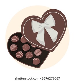 Valentine’s day heart box with bow filled with milk and dark chocolates perfect romantic candy gift illustration