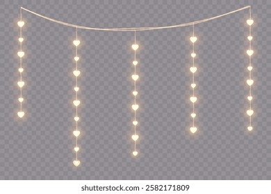 Valentine’s Day heart garland with glowing LED fairy lights, isolated on a transparent background. A stunning vector illustration featuring seamless heart-shaped light bulbs for festive