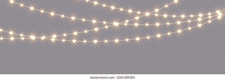 Valentine’s Day hearts garland string with glowing fairy lights. Romantic heart-shaped light bulbs for decoration, creating a seamless border effect. Bright and elegant garland with LED