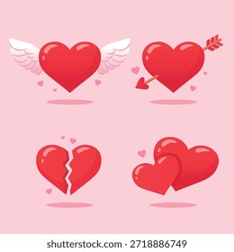 Conjunto de ilustración de corazones de San Valentín con diferentes símbolos de amor. Corazones rojos lindos con alas, flecha, corazón roto y corazones románticos de la pareja. Diseño de estilo de dibujos animados planos sobre fondo rosa para el amor, el romance, las relaciones, la boda, las citas, las tarjetas de felicitación y los proyectos de vacaciones.