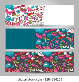 Valentine’s day horizontal banner set. Cute header for invitation, advertisement, web page. Doodle cartoon style love and hearts design concept. Vector illustration.
