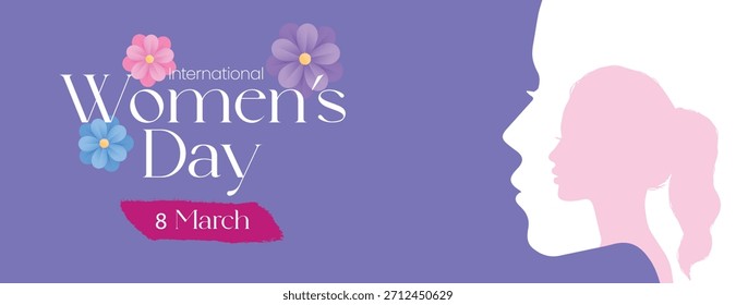 Women’s Day horizontal banner template with elegant floral background, female face silhouette, and 8 March celebration banner design for website headers, social media covers, vector layout design