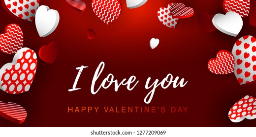 Valentine’s Day horizontal greeting card. Valentine’s day design for banners, flyers, newsletters, postcards. Space for text. Vector illustration. I love you