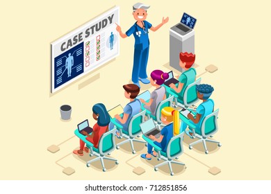 Day hospital group of doctors and nurses group vector cartoon characters clinical team in medical meeting. 3D nurse Isometric hero people flat design images.