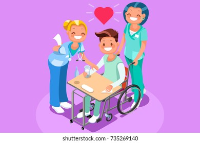 Day hospital smiling man in wheel chair with nurses. Flat isometric hero people vector nurse medical illustration images