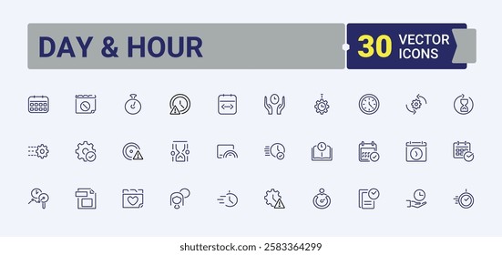 Day  Hour icons set in linear style. Contains such icons as digital, graphic, home, dial, pin and more. Icons for UI. Editable stroke. Vector illustration.