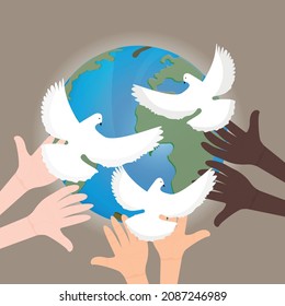 Day of Human Rights and Solidarity of Multiracial Groups for Global Equality and Peace. Symbol of friendship of peoples and peace is a white dove on the background of the Earth. Vector illustration