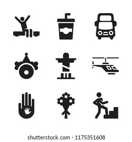 day icon. 9 day vector icons set. climbing stairs, bus and bouquet icons for web and design about day theme
