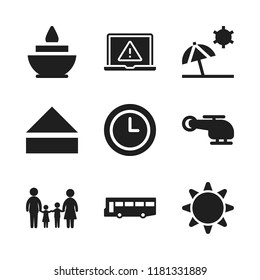 day icon. 9 day vector icons set. wall clock, familiar group of two children father and mother and sun icons for web and design about day theme