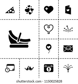 Day icon. collection of 13 day filled icons such as heart with cross, love letter, lovebirds, heart balloons, fireworks, sundial. editable day icons for web and mobile.