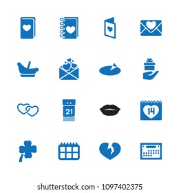 Day icon. collection of 16 day filled icons such as baby basket, 14 date, love card, sundial, calendar, gift, broken heart. editable day icons for web and mobile.