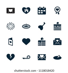 Day icon. collection of 16 day filled icons such as love letter, heart, party pipe, fireworks, love card, sundial, calendar, cake. editable day icons for web and mobile.