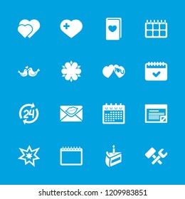 Day icon. collection of 16 day filled icons such as calendar, hearts, heart with cross, love letter, lovebirds, i love you, fireworks. editable day icons for web and mobile.