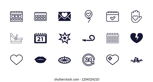 Day icon. collection of 18 day filled and outline icons such as calendar, fireworks, sundial, heart on hand, heart with cross. editable day icons for web and mobile.