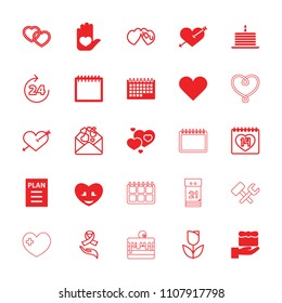 Day icon. collection of 25 day filled and outline icons such as gift, heart with arrow, plan, 24 hours, calendar, tulip, 14 date. editable day icons for web and mobile.