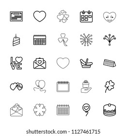 Day icon. collection of 25 day outline icons such as baby basket, clover, cake, calendar, love letter, love word, heart balloons, heart. editable day icons for web and mobile.
