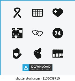Day icon. collection of 9 day filled icons such as heart on hand, heart with cross, ribbon, calendar, 24 hours, gift, heart. editable day icons for web and mobile.