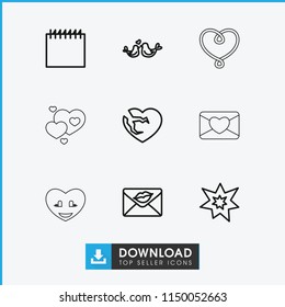 Day icon. collection of 9 day outline icons such as love letter, broken heart, lovebirds, calendar, fireworks, hearts. editable day icons for web and mobile.